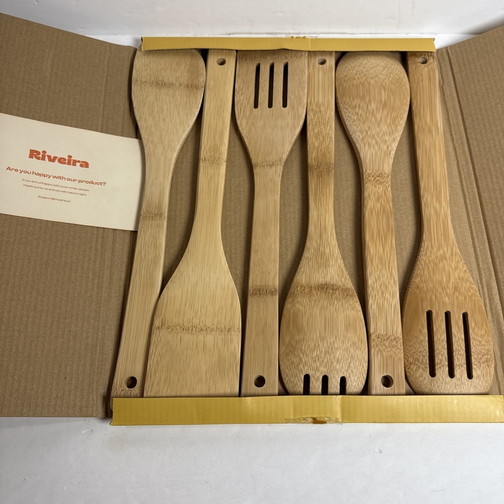 Riveira Bamboo Utensils Cooking 6 Piece Wooden Set 12 Inches Long NEW